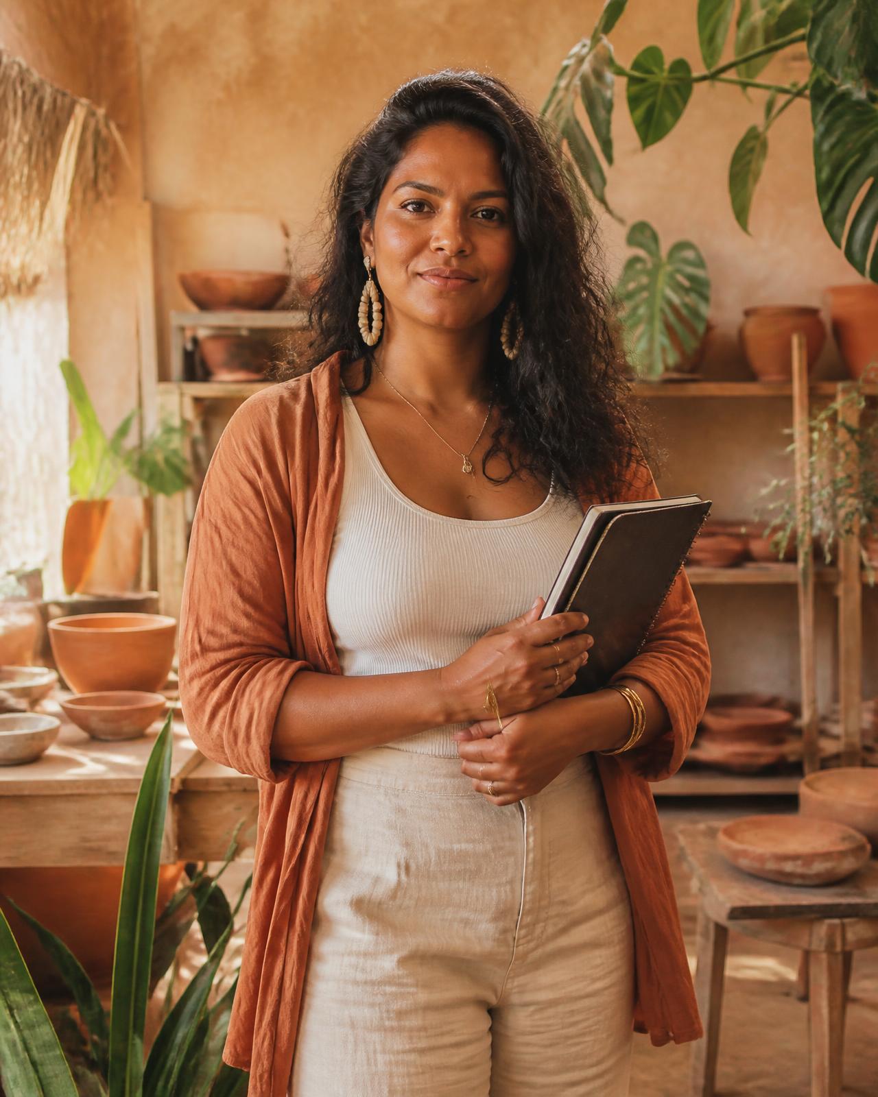 Surinaamse onderneemster met notitieboek in haar werkruimte